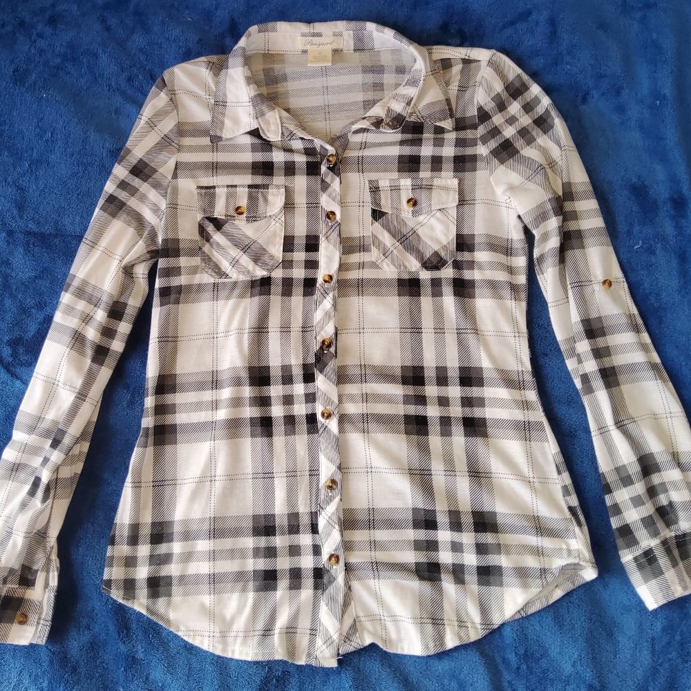 Plaid Fitted Stretchy Shirt Western Roll Tab Long Sleeve Lightweight Top